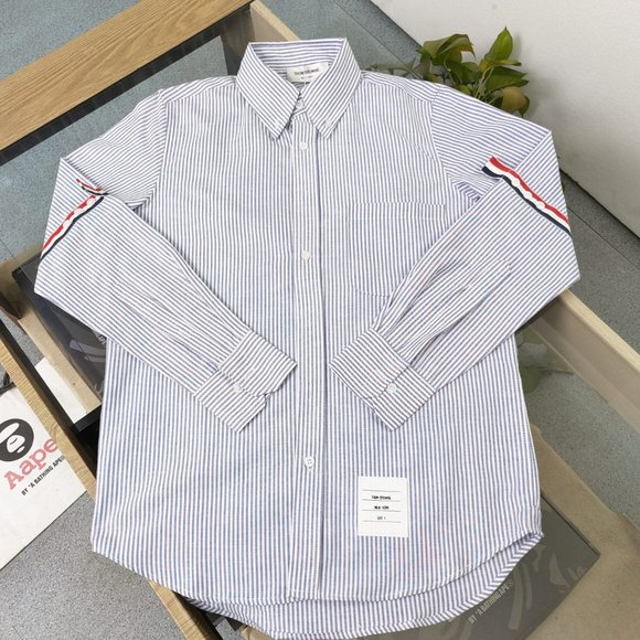 Thom Browne blue and white striped long sleeve shirt